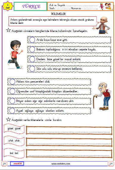 3. Sınıf Türkçe İkilemeler Etkinliği